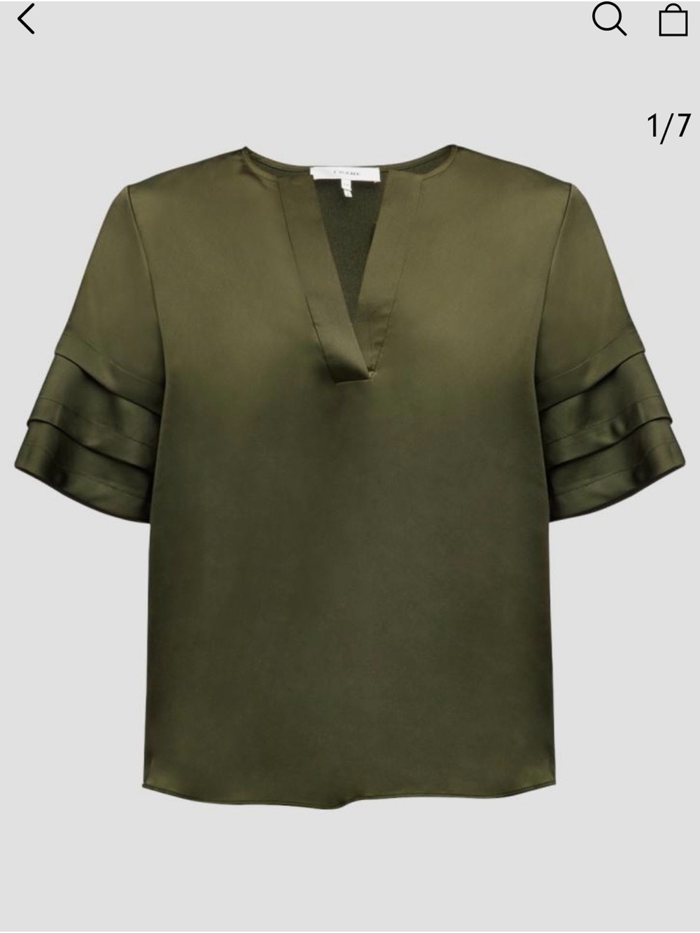 Frame Denim Olive Satin V-Neck Short Sleeve Blouse